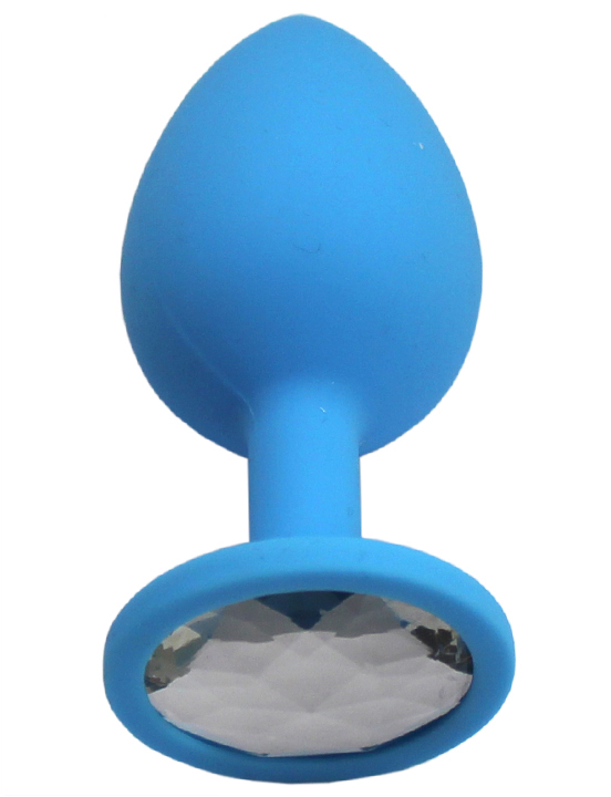 Анальная пробка силиконовая средняя, голубая, кристалл прозрачный, 36x88 мм