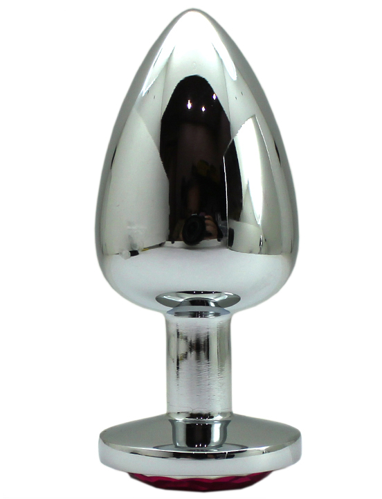 Анальная пробка алюминиевая, большая, серебряная, кристалл рубиновый, 40x95 мм