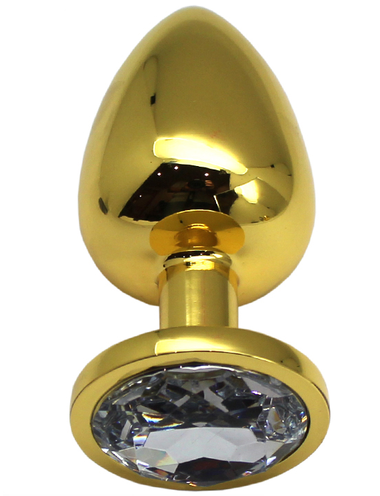 Анальная пробка алюминиевая, большая, золотая, кристалл прозрачный, 40x95 мм