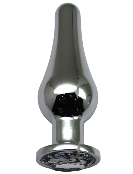 Анальная пробка алюминиевая, большая, серебряная, кристалл прозрачный, 42x130 мм