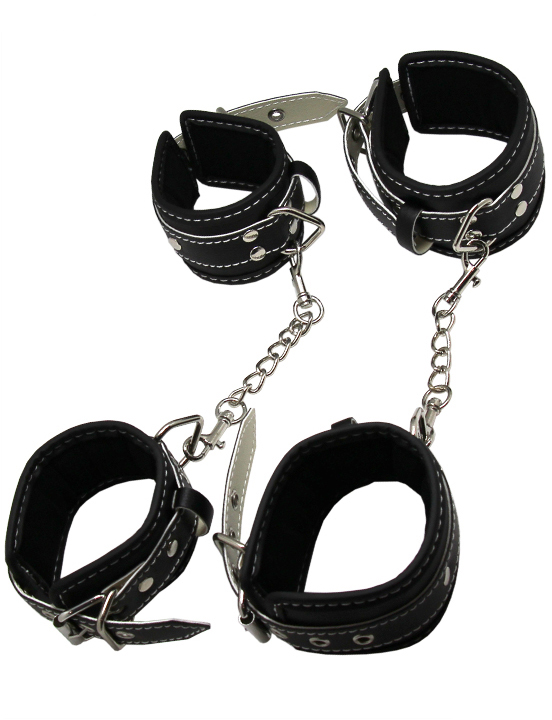 БДСМ набор на мягкой подкладке: наручники, наножники, ошейник с поводком, кляп, чёрный, кожа