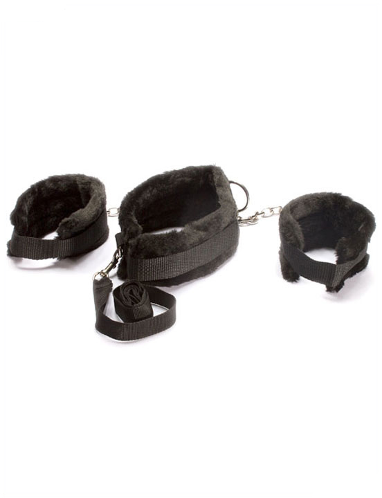 БДСМ набор: ошейник, наручники, поводок, текстиль и мех, чёрный
