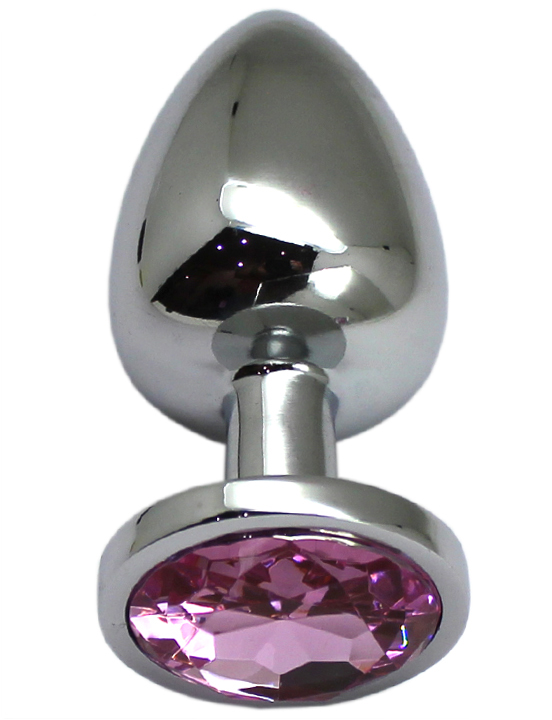 Анальная пробка алюминиевая, большая, серебряная, кристалл розовый, 40x95 мм