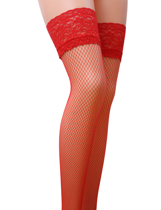 Чулки с кружевной резинкой, красные, сетка, размер 1/2