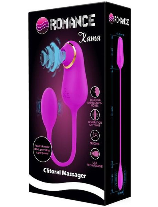 Вакуумный стимулятор с виброяйцом Kama, 4x12 режимов, силикон, фиолетовый, 46x415 мм