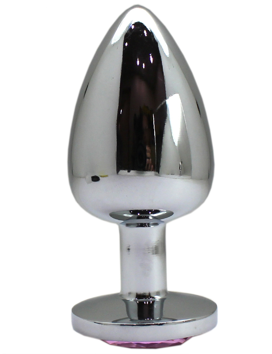 Анальная пробка алюминиевая, большая, серебряная, кристалл розовый, 40x95 мм