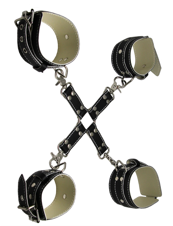 БДСМ набор: наручники, наножники, 4 карабина на кольце, чёрный, кожа
