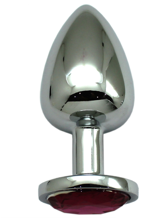 Анальная пробка алюминиевая, большая, серебряная, кристалл рубиновый, 40x95 мм