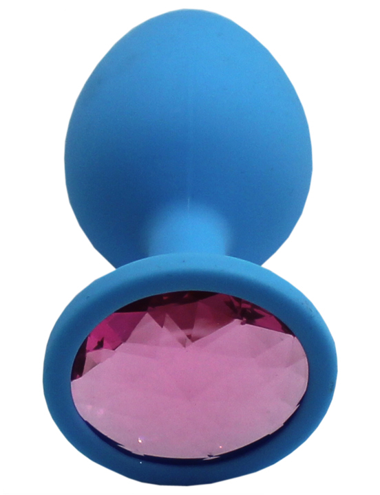 Анальная пробка силиконовая средняя, голубая, кристалл розовый, 36x88 мм