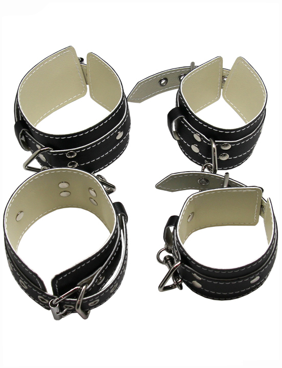 БДСМ набор: наручники, наножники, ошейник с поводком, кляп, чёрный, кожа