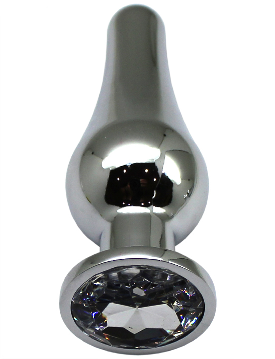 Анальная пробка алюминиевая, большая, серебряная, кристалл прозрачный, 42x130 мм