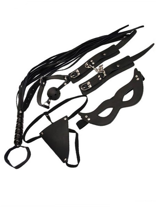БДСМ набор: маска, кляп, наручники, стринги, флогер 580 мм, чёрный