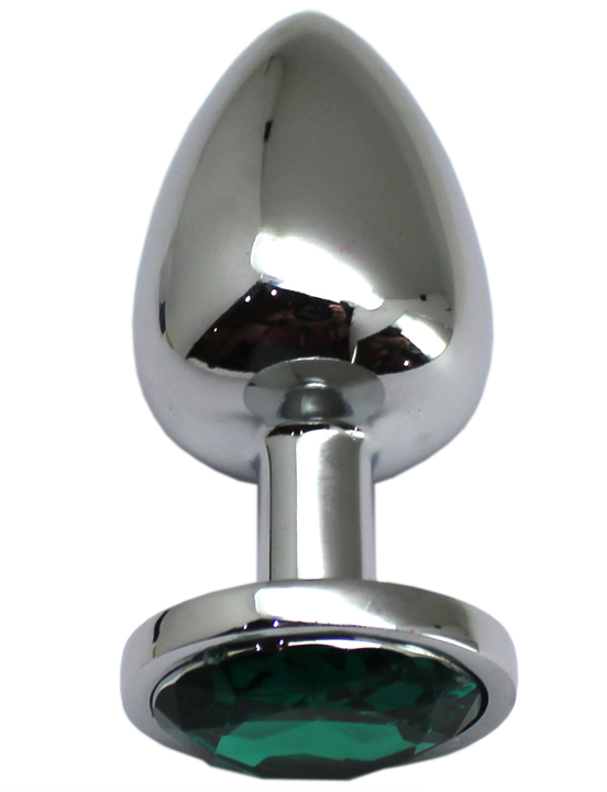 Анальная пробка алюминиевая, большая, серебряная, кристалл изумрудный, 40x95 мм