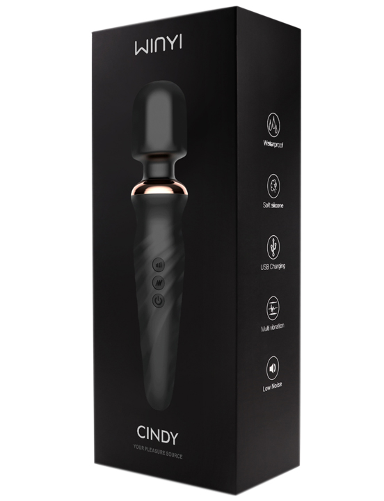 Вибратор-wand Cindy, силикон, чёрный, 25 режимов